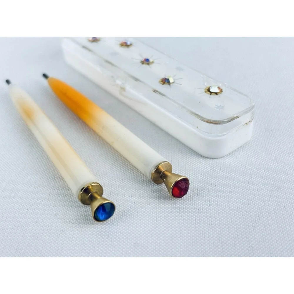 Vintage MCM Peach White Jewel Plastic Pen Set Rhinestone Case Mini‎ Purse Travel